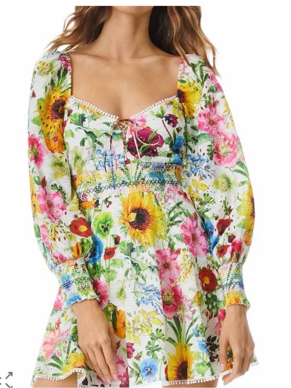 Alice + Olivia White Floral Mini Dress with Yellow & Pink Accents